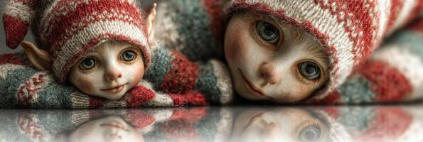Unique handcrafted dolls dressed in cozy knitted hats and sweaters displayed indoors on a reflective surface photo