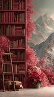 Bookshelf filled with red-toned books in a tranquil environment featuring mountain scenery and vibrant foliage photo