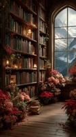 Cozy reading nook surrounded by books and vibrant flowers with a mountain view in the background during golden hour photo