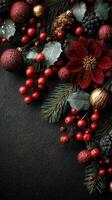 Festive arrangement of red and gold ornaments with holly and flowers for seasonal celebration photo