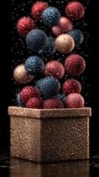 Colorful glitter balls exploding from a decorative gift box creating a festive atmosphere for celebrations photo