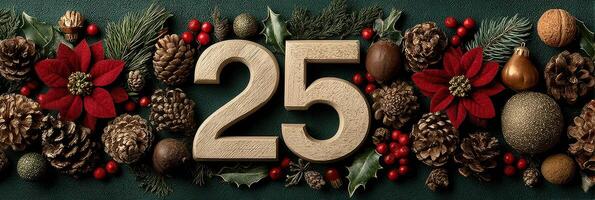 Decorative arrangement featuring the number twenty-five among festive winter elements on a green background photo