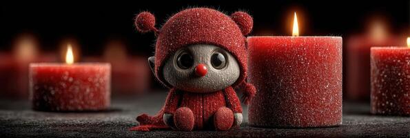 Cute red creature with a knitted hat sits among glowing candles in a cozy setting during winter evening photo