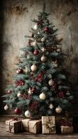 Festive Christmas tree adorned with ornaments and presents against a rustic backdrop photo