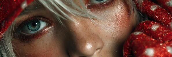 Close-up portrait of a model with striking blue eyes and shimmering red makeup against a blurred background photo