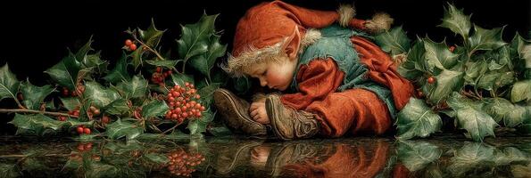 Whimsical elf child resting on a bed of holly leaves during a serene winter evening photo