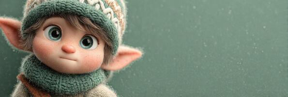 Young elf with big eyes wearing a knitted hat and scarf against a soft green background during winter season photo