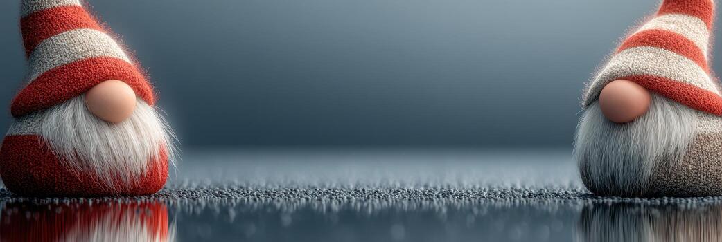 Two playful gnomes with striped hats stand side by side on a reflective surface in a whimsical setting photo