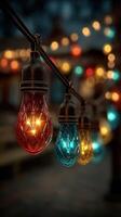 Colorful string lights illuminate an evening gathering in a festive outdoor setting with a warm atmosphere photo