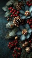 Floral arrangement combining pine cones and berries on a dark background during winter celebrations photo
