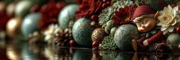 Decorative holiday arrangement featuring a sleeping elf among festive ornaments and floral accents on a reflective surface photo