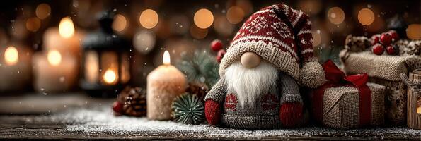 Decorated table with festive Santa figure, candles, and gifts on a cozy winter evening with warm bokeh lights photo