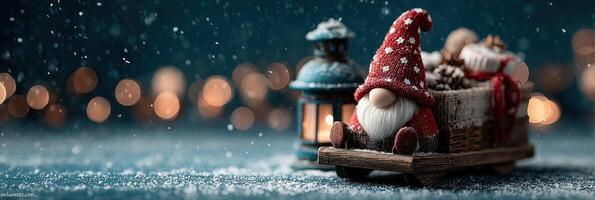 Festive gnome on a sled surrounded by snowfall and illuminated lantern in a cozy holiday setting photo