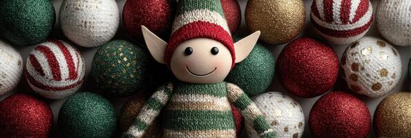 Festive elf surrounded by colorful ornaments in a joyful Christmas setting photo