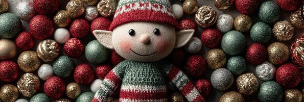 Cute elf doll surrounded by colorful holiday ornaments arranged on a festive background photo
