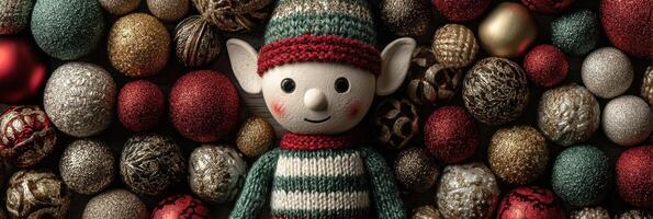 Festive elf surrounded by colorful holiday ornaments in a cozy winter setting photo