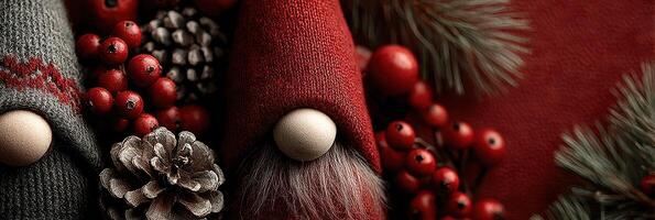 Festive gnomes in cozy red and gray tones surrounded by winter berries and pine cones during the holiday season photo