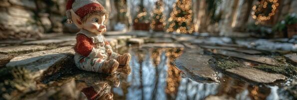 Charming vintage elf doll sits beside a reflective puddle during a winter afternoon in a beautifully decorated garden photo