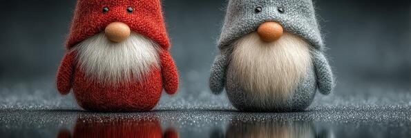 Colorful gnomes with soft textures sit on a reflective surface, showcasing their cute designs and unique colors photo