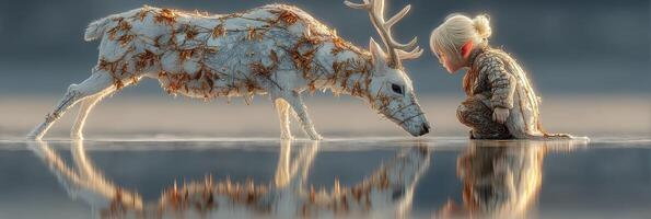 A young child interacts with a mystical white deer in a tranquil landscape during early morning light photo