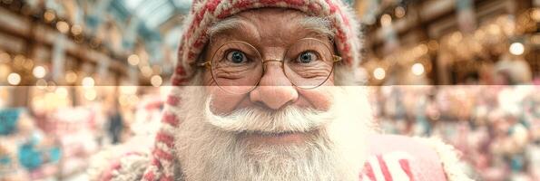 Santa Claus smiling joyfully in a festive market filled with holiday decorations and gifts photo