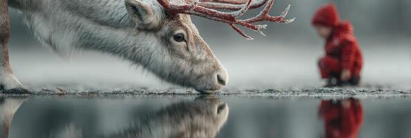 Child interacts with reindeer beside a tranquil lake in a serene winter landscape photo