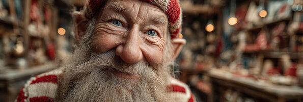 Portrait of a smiling elderly craftsman in a cozy workshop surrounded by handmade decorations and rustic charm during the holiday season photo