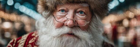 Santa Claus with glasses showcases a warm smile in a festive market filled with holiday decorations and lights photo