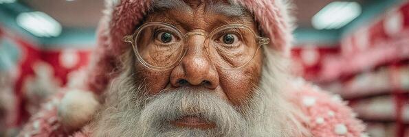 Unique portrayal of Santa Claus with a vibrant pink costume and glasses, capturing festive spirit in a cheerful shop setting photo