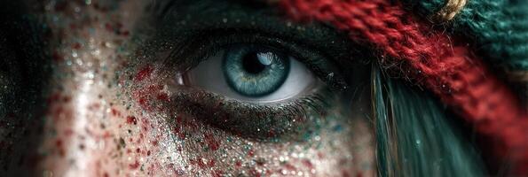 Close-up view of an eye adorned with colorful glitter and makeup during a festive celebration at dusk photo