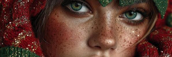 Portrait of a young woman with striking green eyes and freckles, adorned in a festive red and green headpiece during a celebration photo
