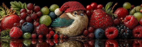 Winter-themed bird wearing a hat surrounded by an array of colorful berries and fruit in a festive setting photo
