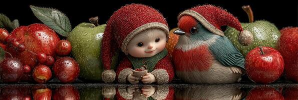 Festive scene with holiday-themed characters enjoying fruits in a cozy setting photo