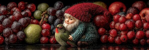 Holiday gnome with a small bird among fresh fruits in a cozy setting during fall season photo