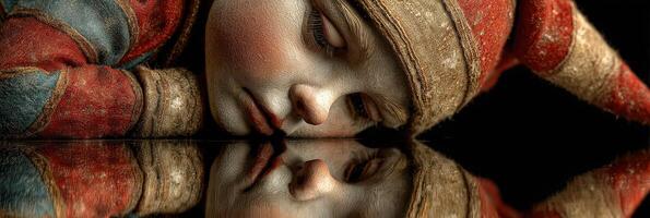 Child dressed as a jester gazes at his reflection in a mysterious setting, showcasing innocence and contemplation photo