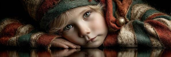 Child in cozy knitted apparel resting with a thoughtful expression on a reflective surface in a warm setting photo