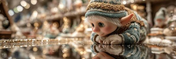 Charming elf doll resting on a reflective surface amid festive decorations in a cozy indoor setting photo