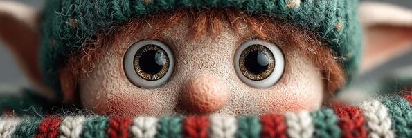 Close-up of a whimsical doll with oversized eyes and a knitted hat against a soft background photo