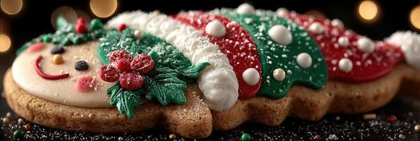 Delightful Christmas cookie with festive decorations and colorful icing showcased on a dark surface photo