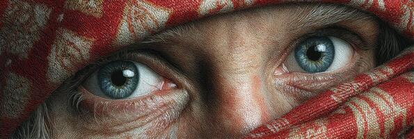 Man with expressive eyes and traditional headscarf gazes intently at the camera during the early morning photo