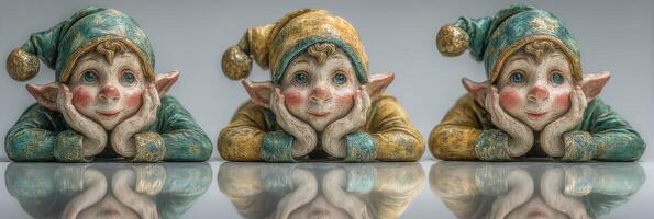 Whimsical figurines of cheerful elves resting their chins on their hands in colorful outfits photo