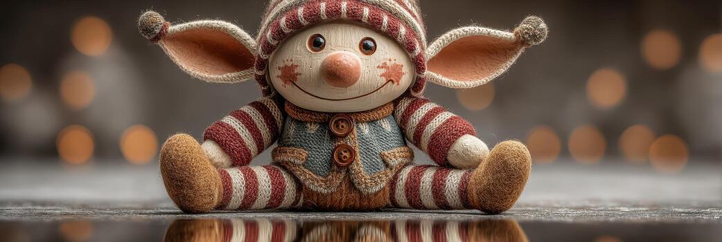 Handmade elf doll with cheerful expression sits on a surface surrounded by soft bokeh lights photo