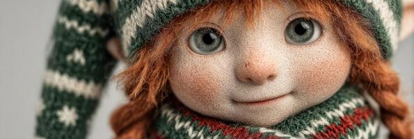 Charming lifelike doll with green eyes and cozy winter attire sitting against a neutral background photo