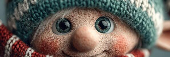 Cute doll with big eyes and knitted hat displayed against a warm background during winter season photo