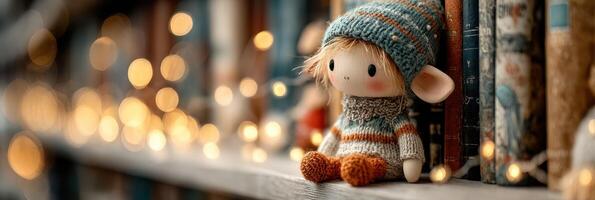 Warmly dressed doll sitting on a bookshelf surrounded by fairy lights in a cozy setting photo