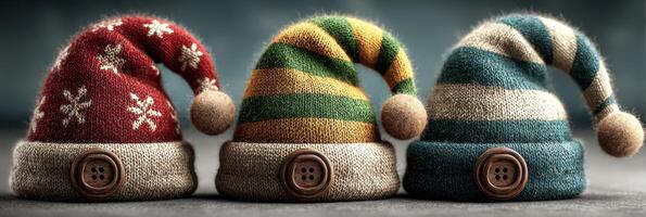 Colorful knitted hats with festive patterns displayed together in a cozy setting during winter season photo