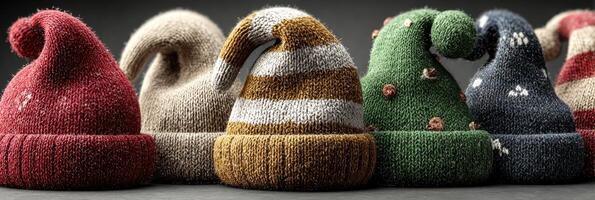 Collection of unique knitted hats displayed in a row with different colors and patterns during winter season photo