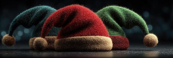 Soft textile Christmas hats in festive colors arranged together for seasonal celebration preparation photo