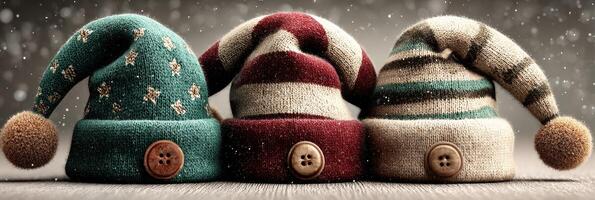 Three colorful knitted hats with festive patterns ready for winter celebrations on a snowy background photo