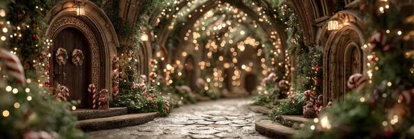 Beautiful holiday alley decorated with lights and ornaments in a charming setting full of festive spirit during winter season photo